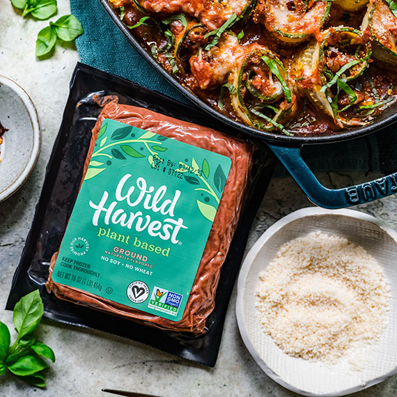 Wild Harvest plant based ground beef packaging on table